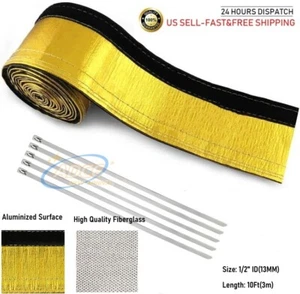 Heat Shroud Sleeve  Aluminized Gold Sleeving 1/2" I.DX10FT  Heat Shield+Zip Ties - Picture 1 of 5