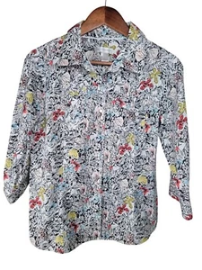 Christopher & Banks Size Small White Black Butterfly Roll Tab Sleeve Shirt - Picture 1 of 4