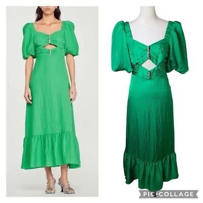 Sandro Falbala Green Puff Sleeve Midi Dress S | Cutout Ruffle Hem Rainbow Jewel - Image 1 of 4