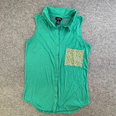 Rue 21 Button Blouse Womens Medium Turquoise BlueGreen Collared Lace Back Pocket - Image 1 of 4
