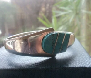 Attractive Mexican Stg Silver & Turquoise Modernist Hinged Bracelet - Taxco TL57 - Picture 1 of 12