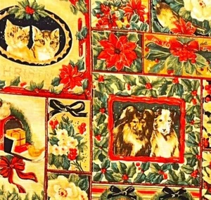 "Season's Greetings" cat and dog Christmas Fabric - FabriQuilt Inc. - Picture 1 of 3