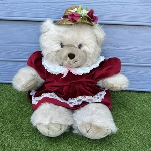 Vintage 90s Plush Teddy Bear 25” Girl Red Dress Beige Large Hat Flowers - Picture 1 of 12