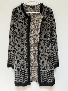 GOTTARDI Italy Womens Open Front Cardigan Duster Black/Tan Large Fringe Wool - Picture 1 of 8