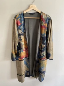 Ali Miles Open Cardigan Women’s L Art To Wear Colorful Khaki Silky Watercolor - Picture 1 of 8