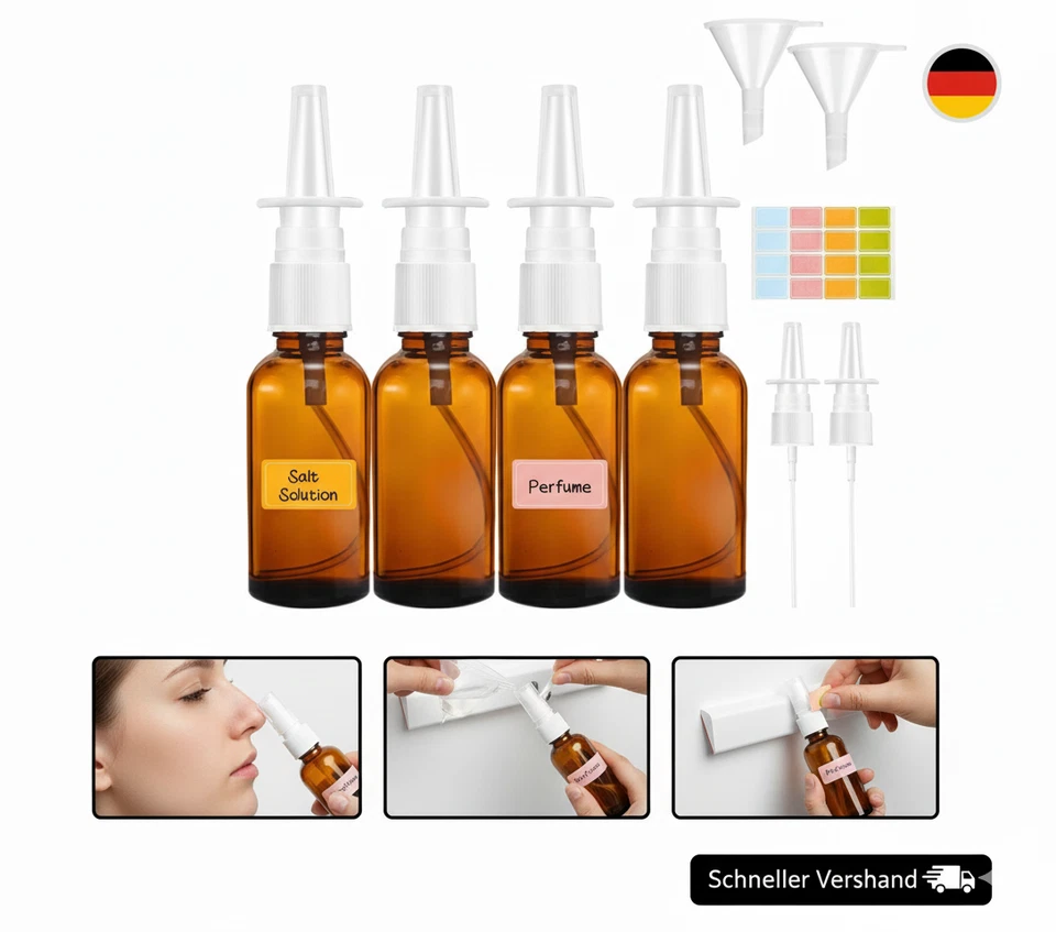 Nasenspray Flasche Leer, 4 Stück Glas Nasensprayflasche, 30Ml Nasen Sprühflasche