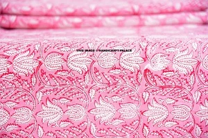 Tessuto stampa blocco mano indiano 5 iarde 100% cotone rosa stampa fiori tessuto boho - Foto 1 di 2