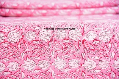 5 Yard Indian Hand Block Print Fabric 100 % Cotton Pink Flower Print Fabric Boho - Image 1 of 2