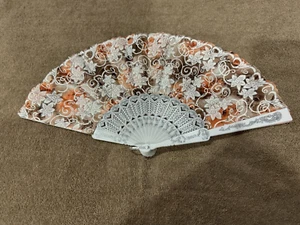 Folding Hand Fan White w/Brown Multi Flowers Color open size 16.5x9" - Picture 1 of 2