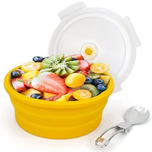 1200ml Large Collapsible Bowl With Lid Camping Bowl With Foldable Spoon Silicone - Picture 1 of 7