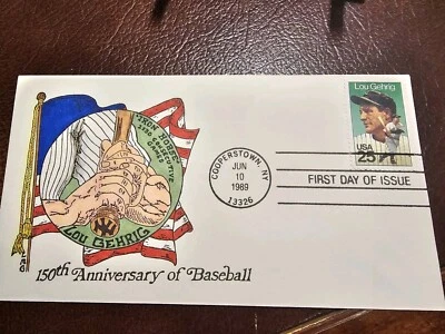 USPS Fdc # 2417  Rare Gassen  Hand Painted Lou Gehrig 25c  150th Anniv Baseball - Image 1 of 4