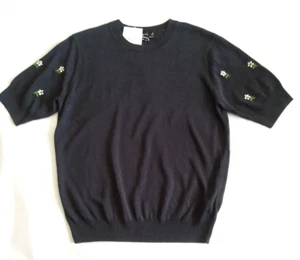 NWT agnes b. Paris Size 1 Silk Linen Gray Hand Embroidered Short Sleeve Sweater - Picture 1 of 6