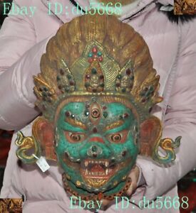 Tibet Buddhism Bronze Gilt Inlay turquoise gem Mahakala mask statue Wall hanging