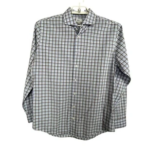 Nordstrom Rack Size 16 34/35 Blue Brown Windowpane Plaid Long Sleeve Button Up S - Picture 1 of 7