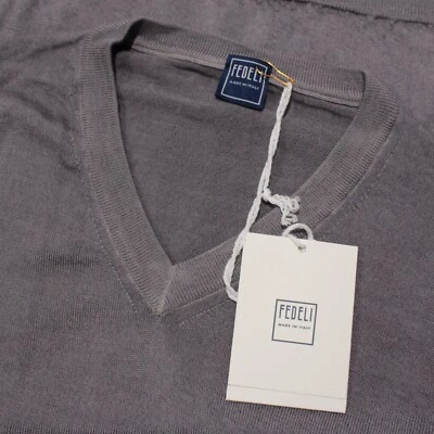 Fedeli NWD V-Neck Pullover Sweater Size 52 US Large in Solid Gray 100% Wool - image 1 of 4