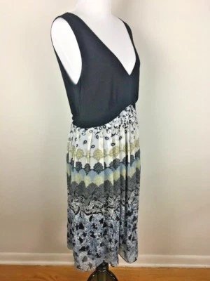 Believe V Neck Dress Sleeveless Black Grey Pleated Skirt Sz 12 Soft Lightweight - Image 1 of 4