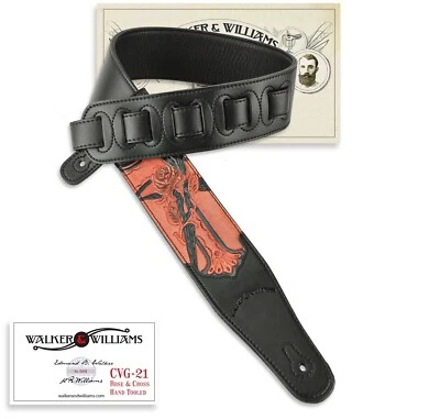 Черный мягкий христианский гитарный ремень Walker & Williams CVG-21 с резьбой по розе и кресту - Изображение 1 из 4