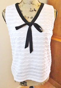 CeCe Women's Sleeveless Top, V-Neck, White with Black Tie, Lined, Size S - Picture 1 of 9