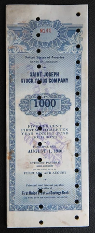 Original 1930 St Joseph Stock Yards Company $1,000 Gold Bond, St Joseph Missouri Cover
