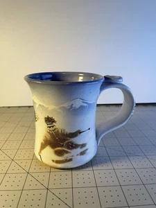 Studio Art Pottery Hand Painted Mug Colorado Mountains Skiing Skiers Mug - Picture 1 of 8