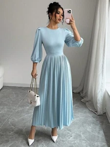 Elegant Pleated Long Sleeve Maxi Dress – Blue - Picture 1 of 7