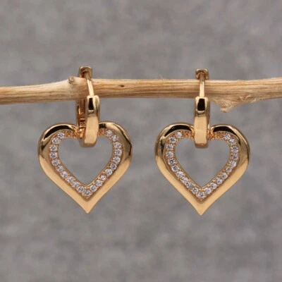Cute New 18K Yellow Gold Filled Clear CZ Accent Heart Charm Hoop Dangle Earrings - Image 1 of 4