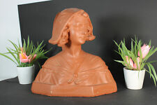 antique art deco chalkware bust lady girl terracotta colour 