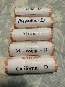 5 rolls Uncirculated State Quarters Kansas Nevada Alaska Mississippi California - Picture 1 of 1