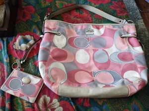 COACH Pink Grey Beige Shoulder HandBag #19400 W/ Coin Purse & Key Ring - Picture 1 of 18