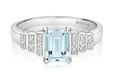 Aquamarine and Diamond Ring Solid 9ct White Gold Real Genuine Stones Size J - Q - Image 1 of 3