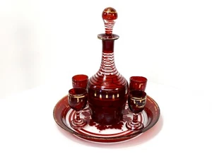 c1900 HAND BLOWN DECANTOR W/ 4 CORDIAL STEM GLASSES & PLATE OPEN PONTIL GUILDED - Picture 1 of 9