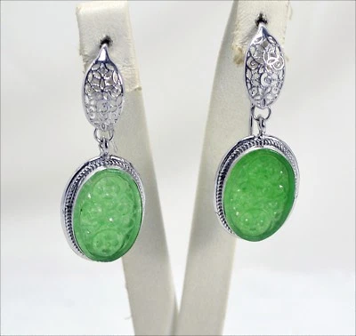 ORECCHINI IN ARGENTO 925 CON GIADA VERDE OVALE PENDENTI TRAFORATI AGHT 0409 - Immagine 1 di 3