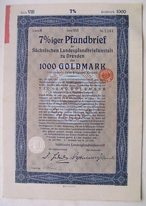 A13 Aktie DRESDEN ★★★ 1000 GM Sächsische Landespfandbriefanstalt 15.7.1930 ★★★ - Bild 1 von 2