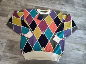 Vintage Byford Mens Knit Sweater NOS NWT Diamond Geometric Colorful Grandpa Sz L - Picture 1 of 14