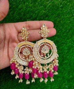  Bollywood Style Gold Plated Indian Jewelry Pearl Kundan Jhumka Earrings 
