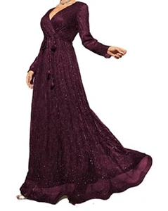 Purple Glitter Bridesmaid Maxi Dress Long Sleeve V Neck Wrap Belted XL - Picture 1 of 3