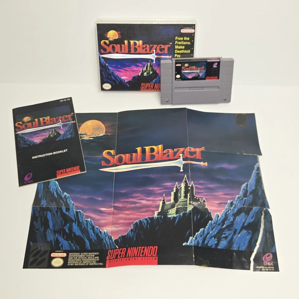 1992 vintage Super Nintendo SOUL BLAZER video game CIB Enix SNES jrpg COMPLETE ! - Image 1 of 4