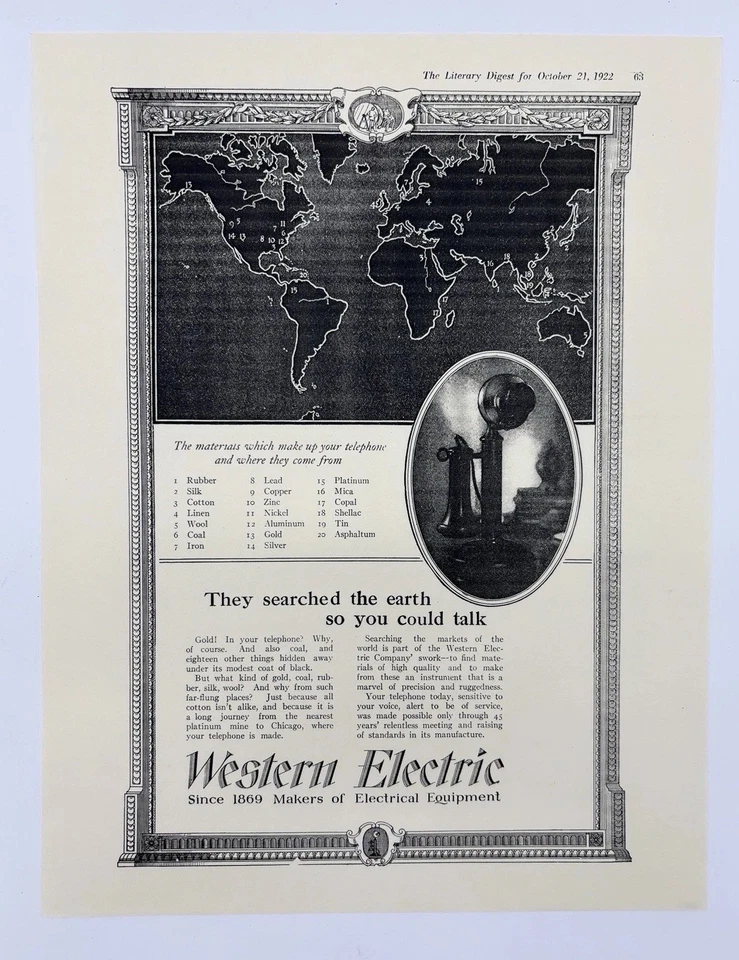 1922 Paper Ad Reprint Western Electric Equipment Telephone Materials List - Image 1 of 4