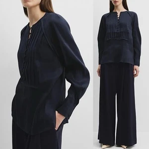 Country Road Top Blouse Womens 16 Navy Blue Linen Silk Long Sleeve Popover Shirt - Picture 1 of 10