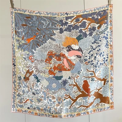 Pure 14 Momme sarga envoltura de seda 35"" bufanda chal pañuelo cuadrado estampado de pavo Foto 1 de 4