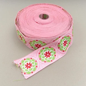 Jacquard Zinnia Floral Ribbon Trim 1 7/8" Pink Green Spool 15 Yards New - Picture 1 of 5