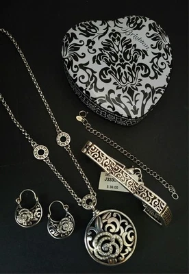 BRIGHTON Rose/Lace Deco Scroll Necklace w/extention/Pierced Earrings/Bracelet SP - Image 1 of 4