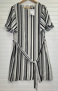 H&M Women’s Black/Cream Striped Belted Dress Size 8, NWT - Picture 1 of 11
