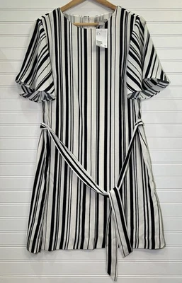 H&M Women’s Black/Cream Striped Belted Dress Size 8, NWT - Image 1 of 4