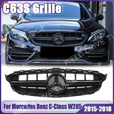 Gloss Black Bumper Grille W/Star For Mercedes Benz W205 15-18 C180 C200 C300 350 Foto 1 de 4
