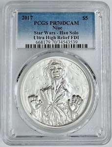 Star Wars Han Solo 2017 2oz Niue $5 Silver Coin Ultra High Relief PCGS PF70 FDI - Picture 1 of 3