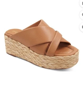 Andre Assous Calesa Camel Leather Slip On Espadrille Platform Sandals Size 40/9 - Picture 1 of 11