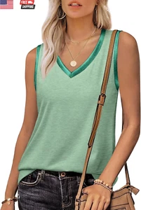 Tank Tops for Women Summer Trendy V Neck Tops Shiny Trim Loose Fit Casual Sleeve - Picture 1 of 6