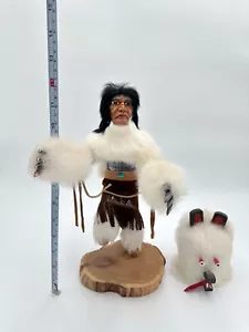 Native American White Bear Dancer Kachina Doll Signed 12” Navajo Removable Mask - Picture 1 of 12
