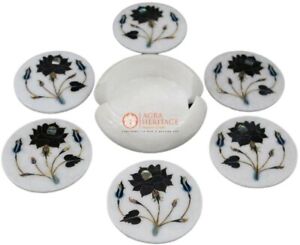 Antique Marble White Top Handmade Coaster Set Black Onxy Floral Arts Home Decors